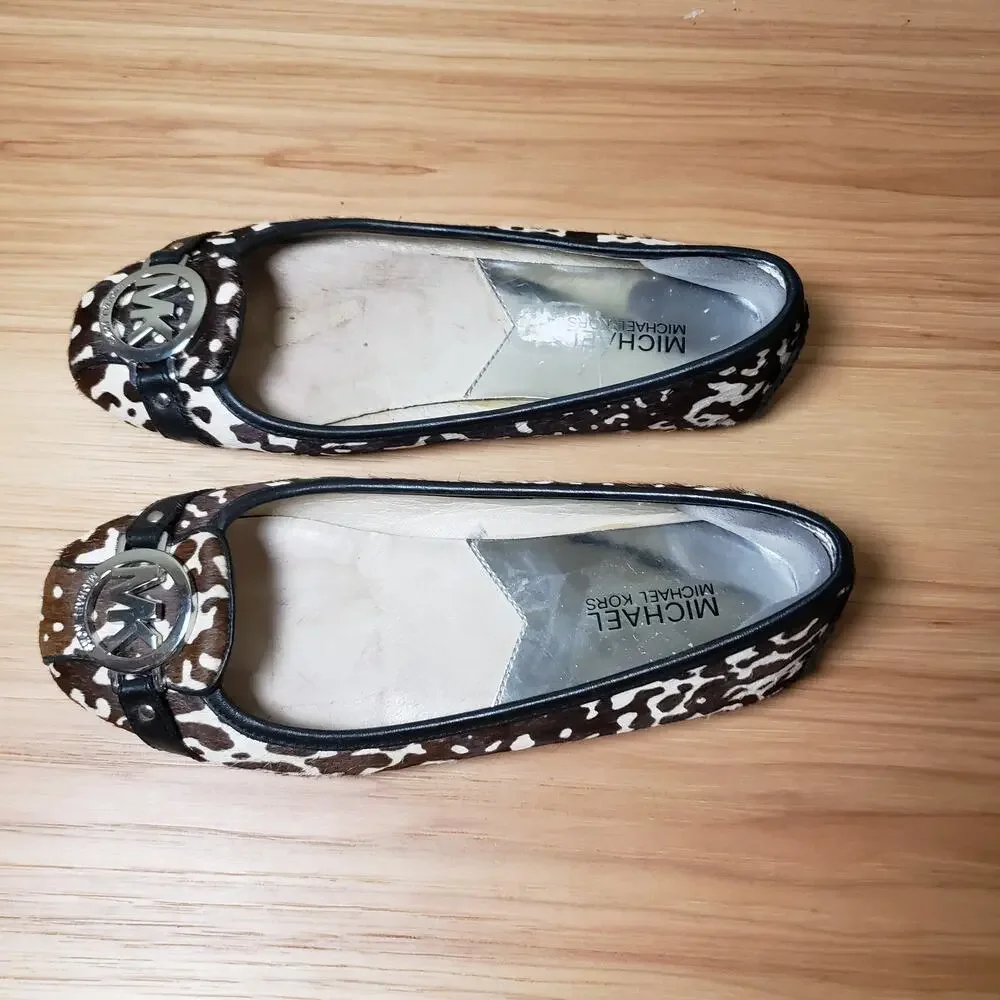 Michael Kors Women's 7 Calfhair Ballet Logo Flats Brown‎ Tan Cow Print Western